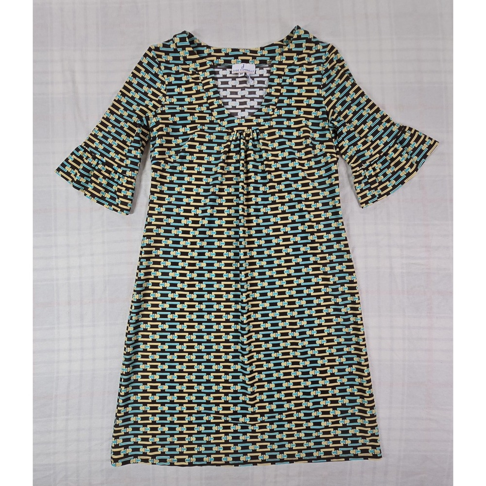 Jude Connally Women's Geometric Chain Print Dress Split Neck Bell Sleeves M